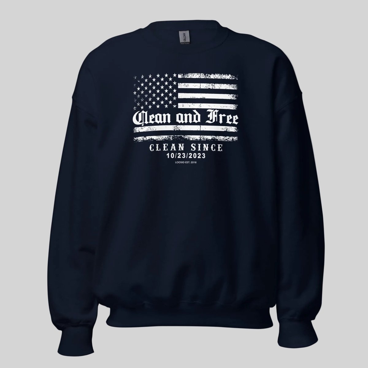 Navy blue Clean and Free sobriety sweatshirt, front view -- Loosid sober merchandise