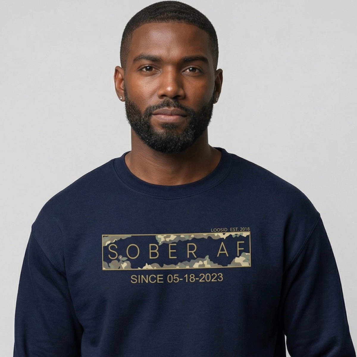 Sober AF Camo Crewneck Sweatshirt w/ Personalized Sobriety Date