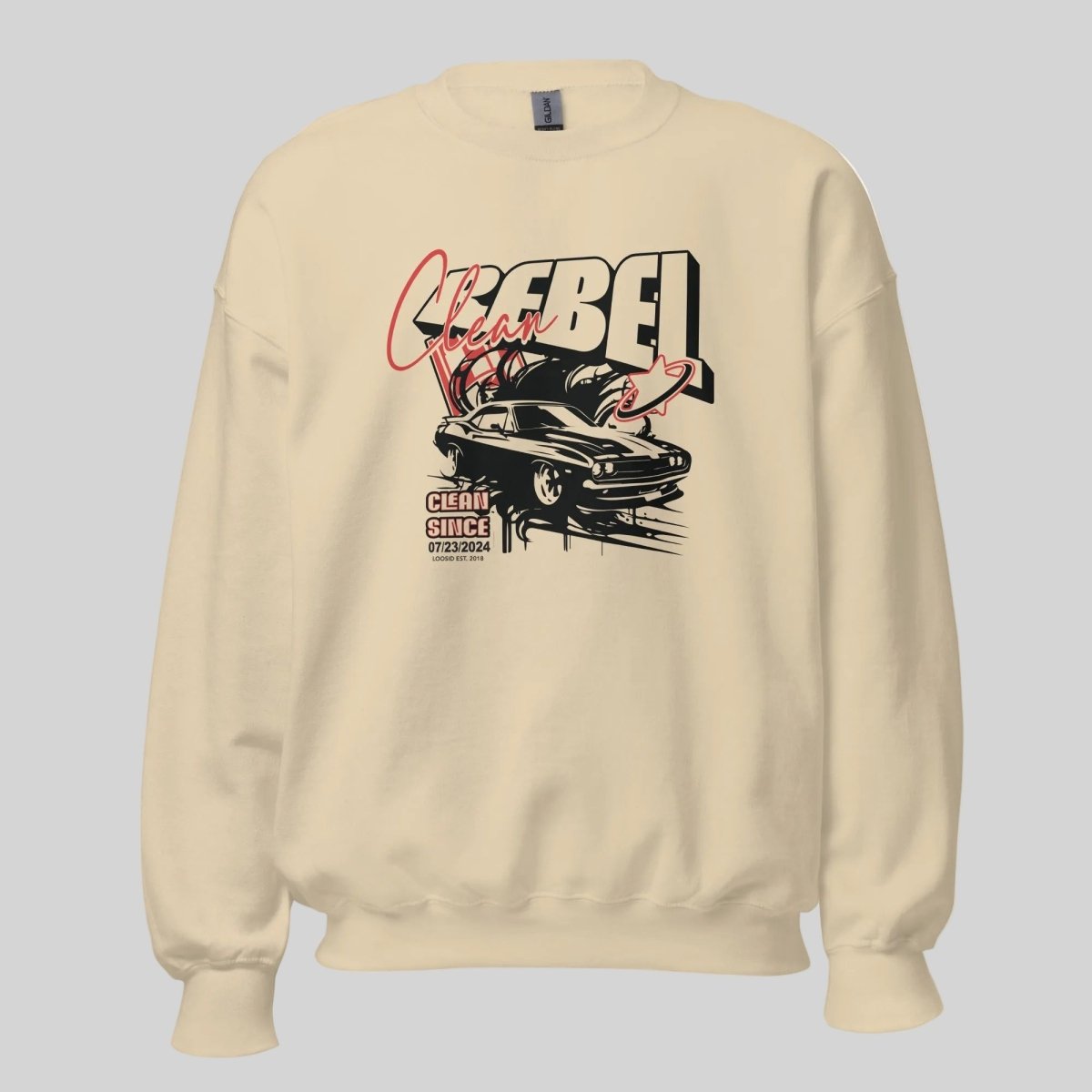 Women's natural sand Loosid sober merchandise crewneck with Clean Rebel personalized Recovery milestone β Loosid