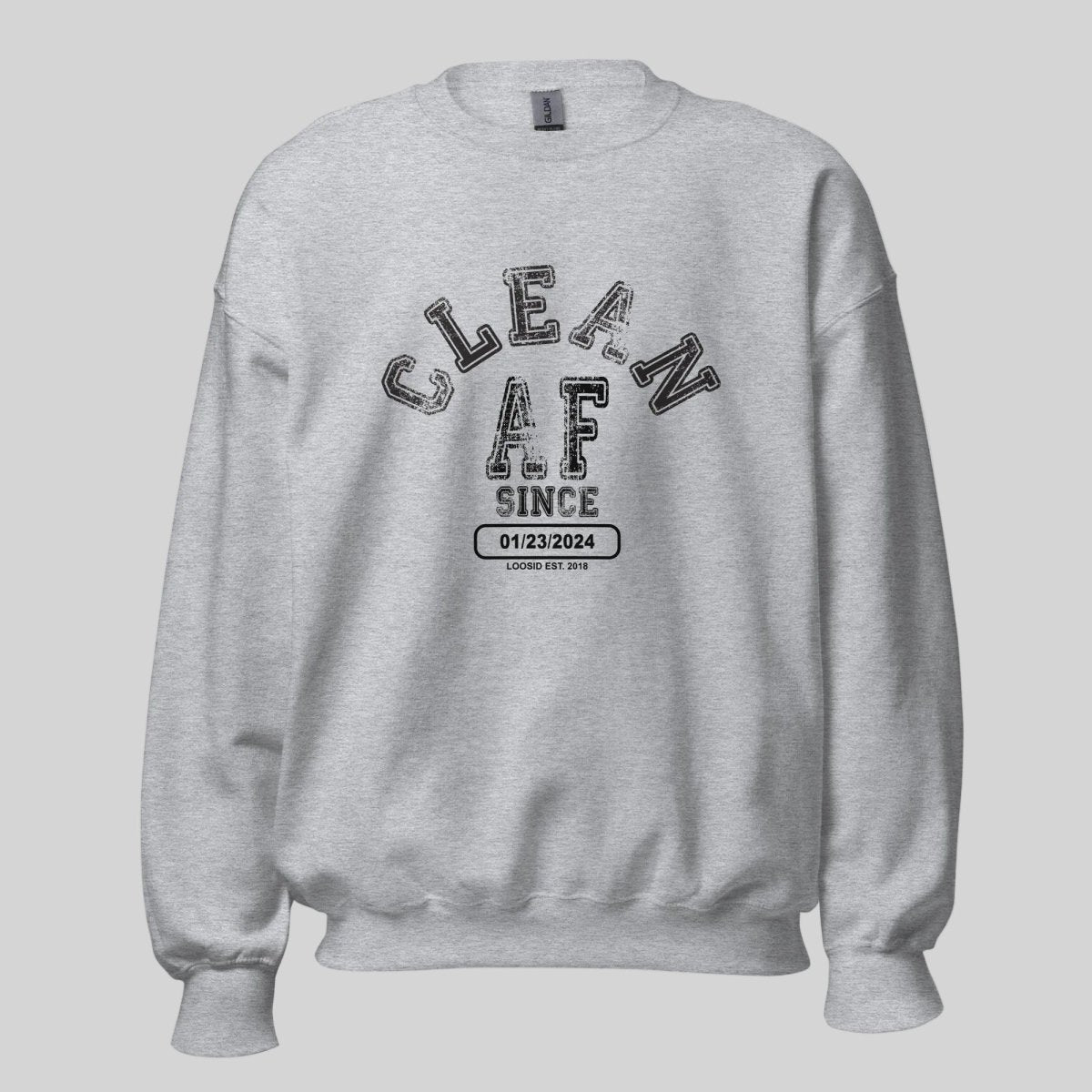 Men's light blue Loosid Recovery sweater with Clean AF Since personalized sobriety apparel design β Loosid