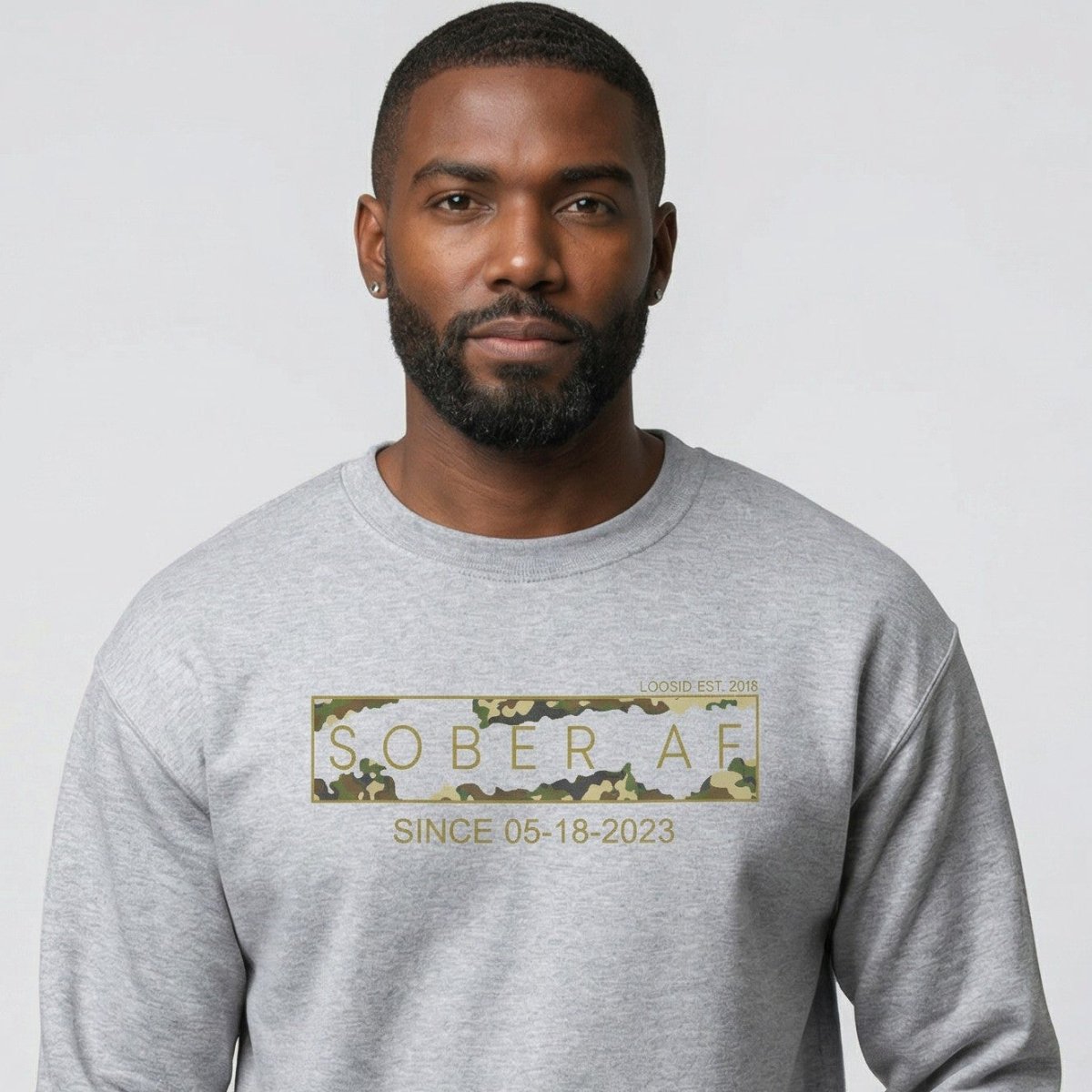 Sober AF Camo Crewneck Sweatshirt w/ Personalized Sobriety Date