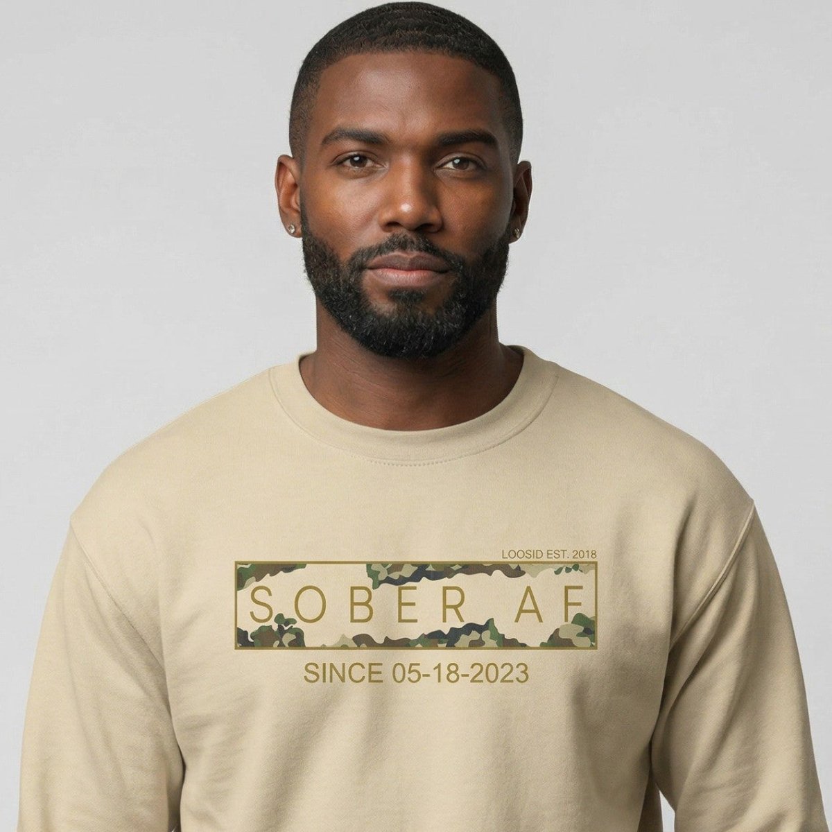 Sober AF Camo Crewneck Sweatshirt w/ Personalized Sobriety Date