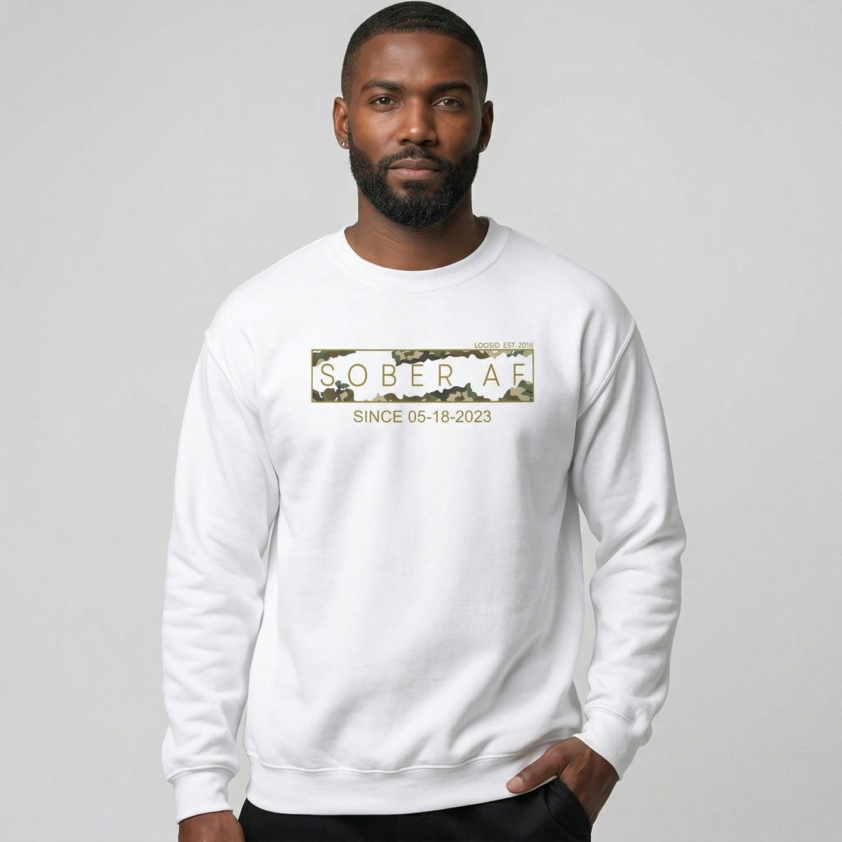 Sober AF Camo Crewneck Sweatshirt w/ Personalized Sobriety Date