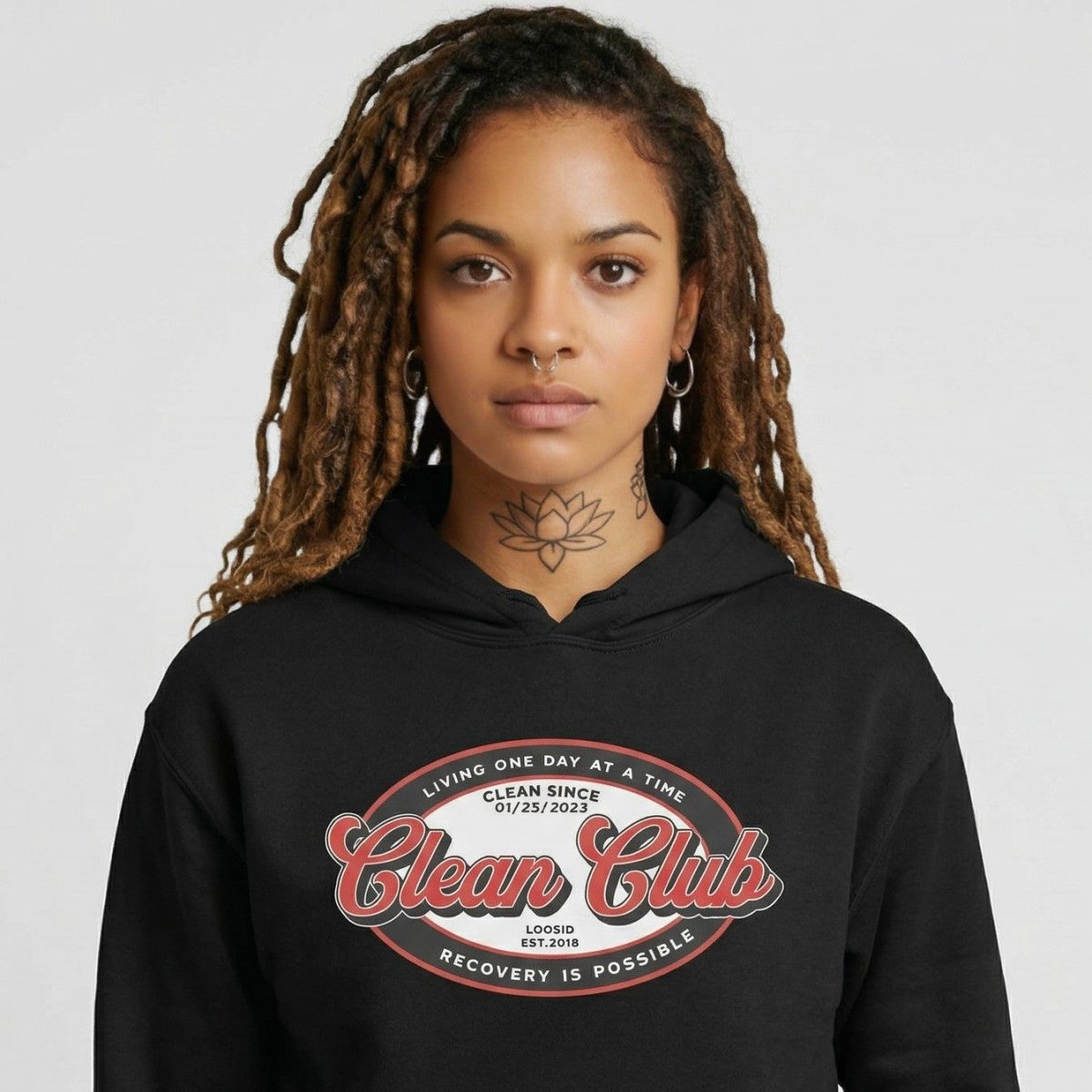 Clean Club Badge Unisex Hoodie with Custom Sobriety Date
