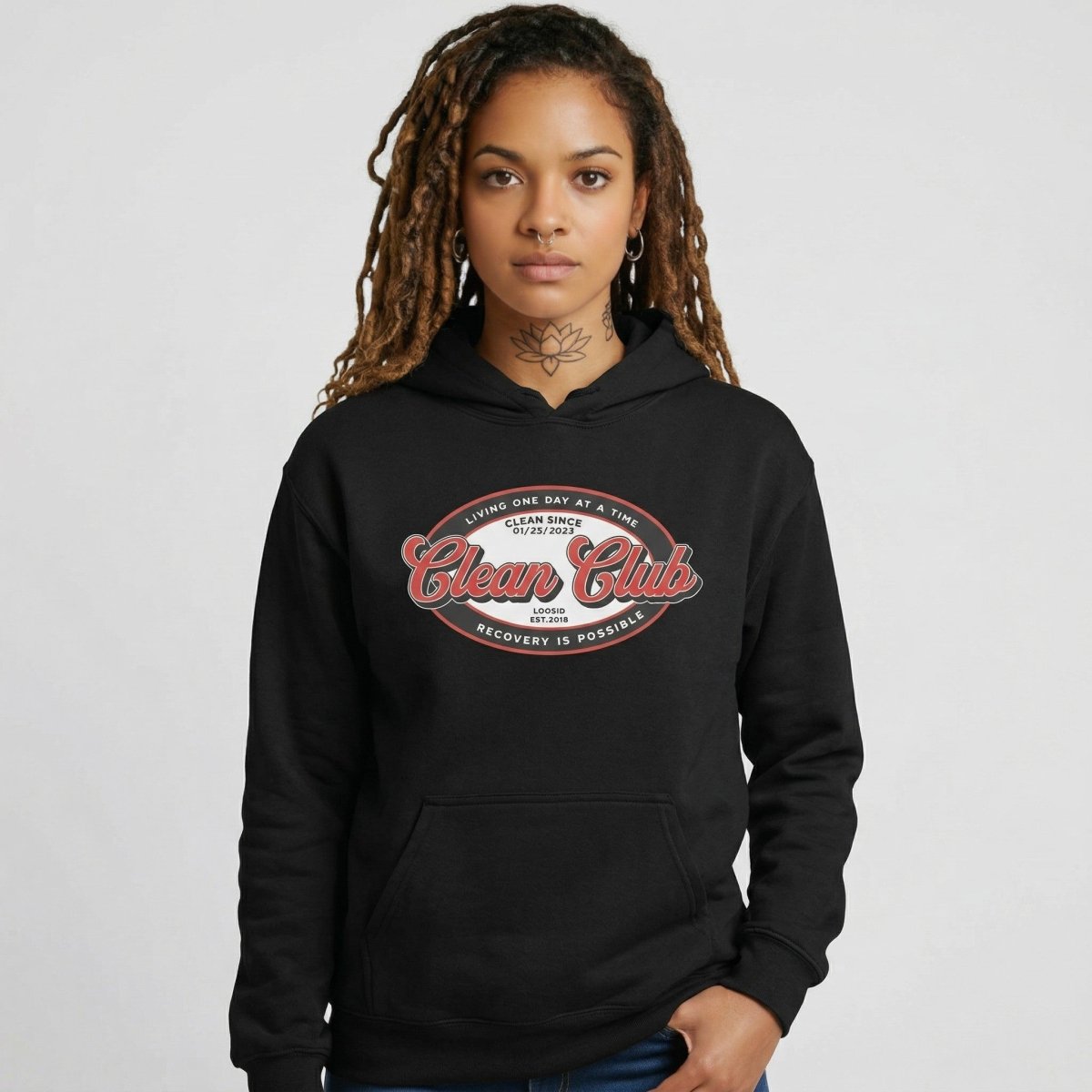 Clean Club Badge Unisex Hoodie with Custom Sobriety Date