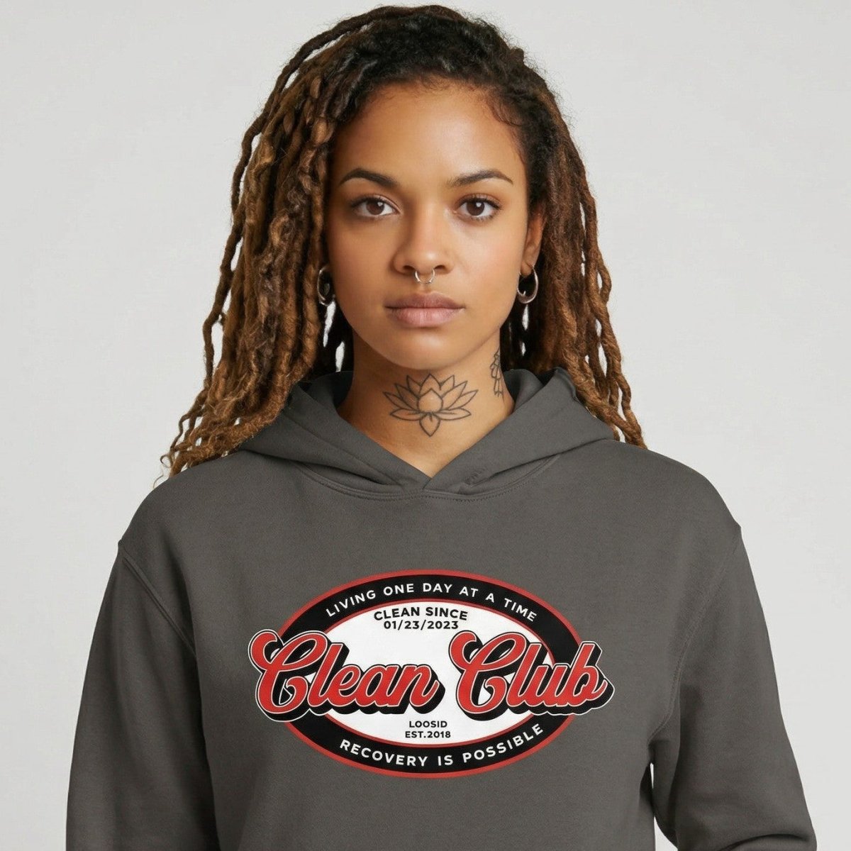Clean Club Badge Unisex Hoodie with Custom Sobriety Date
