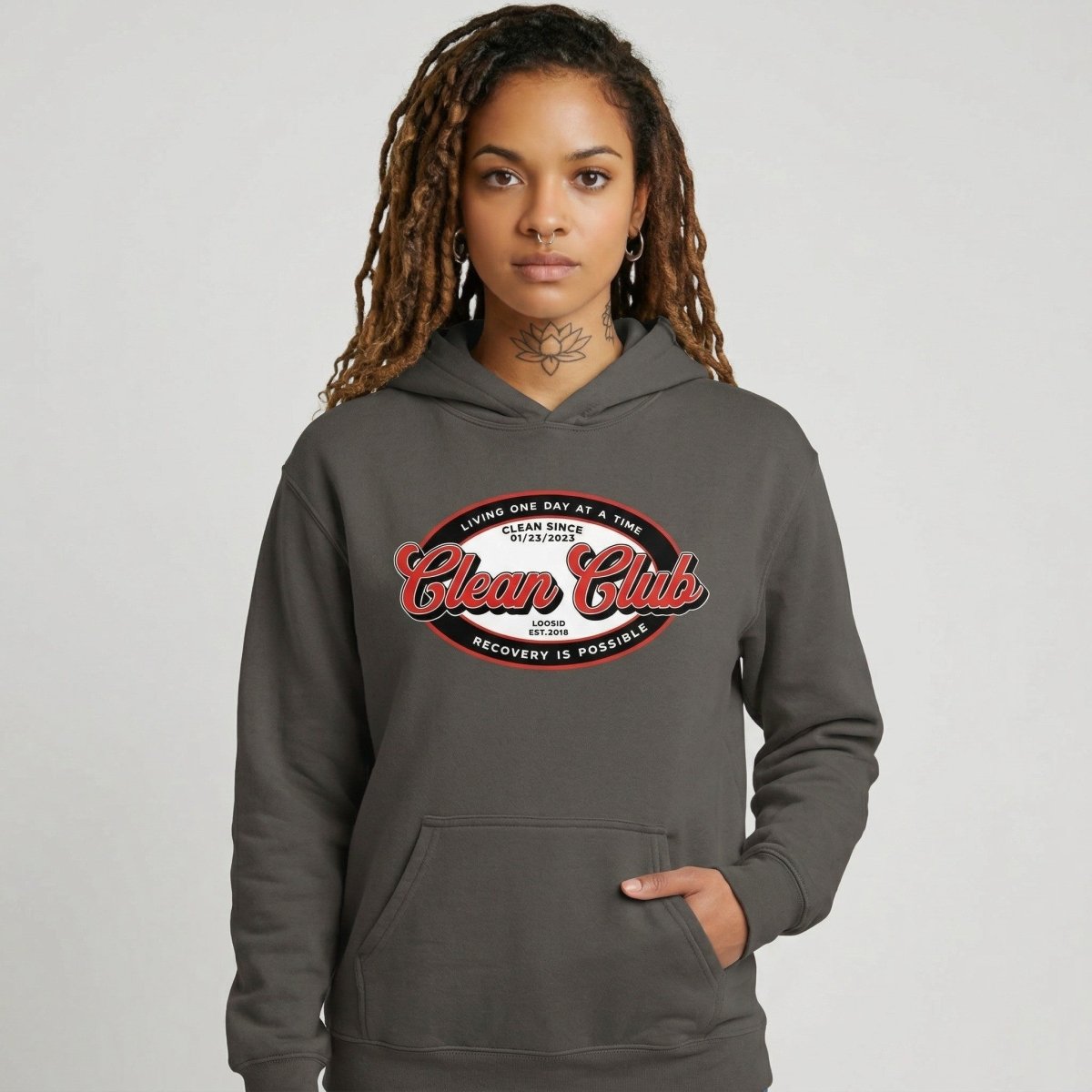 Clean Club Badge Unisex Hoodie with Custom Sobriety Date