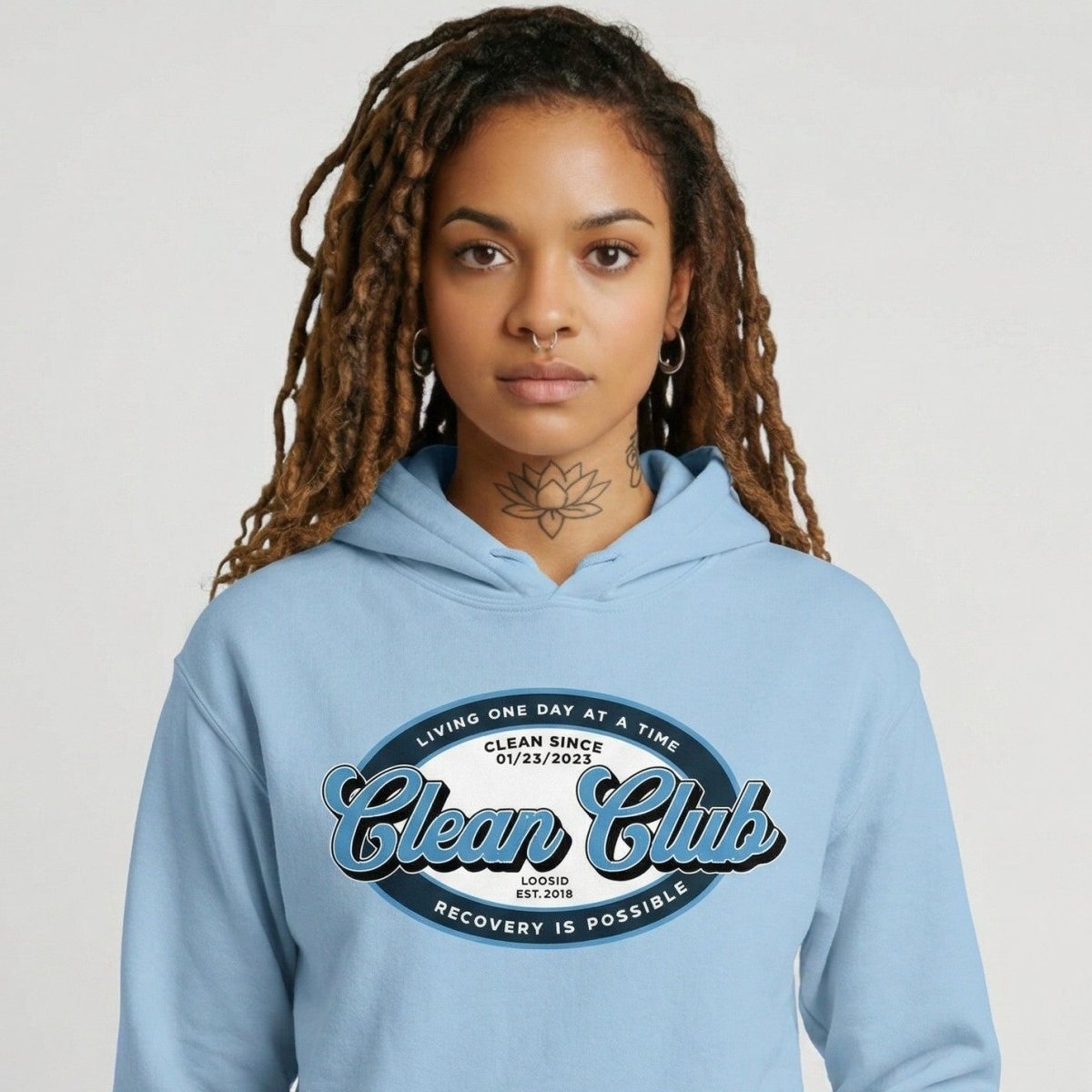 Clean Club Badge Unisex Hoodie with Custom Sobriety Date