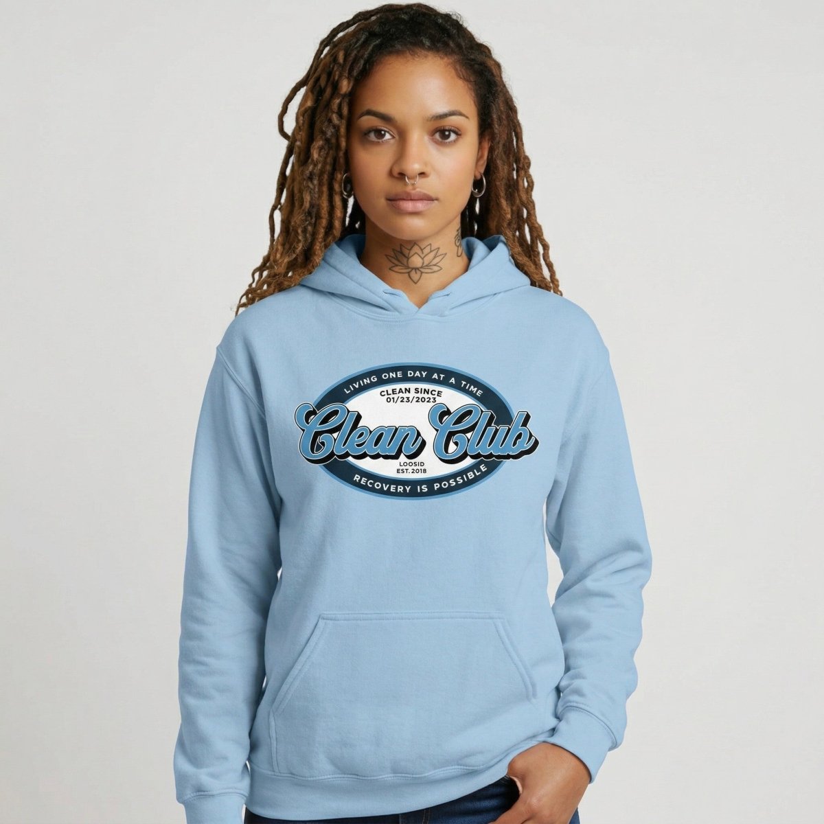 Clean Club Badge Unisex Hoodie with Custom Sobriety Date