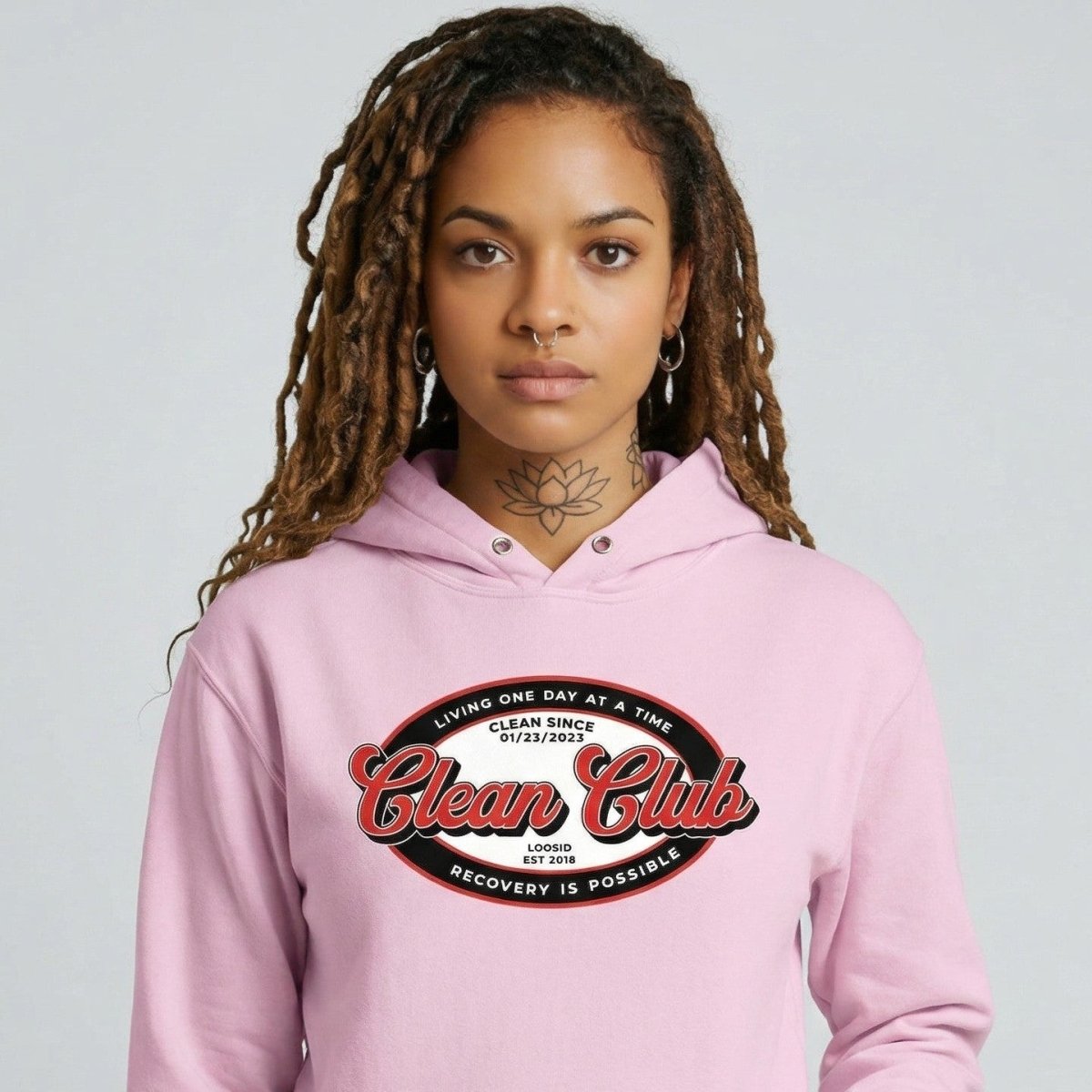 Clean Club Badge Unisex Hoodie with Custom Sobriety Date