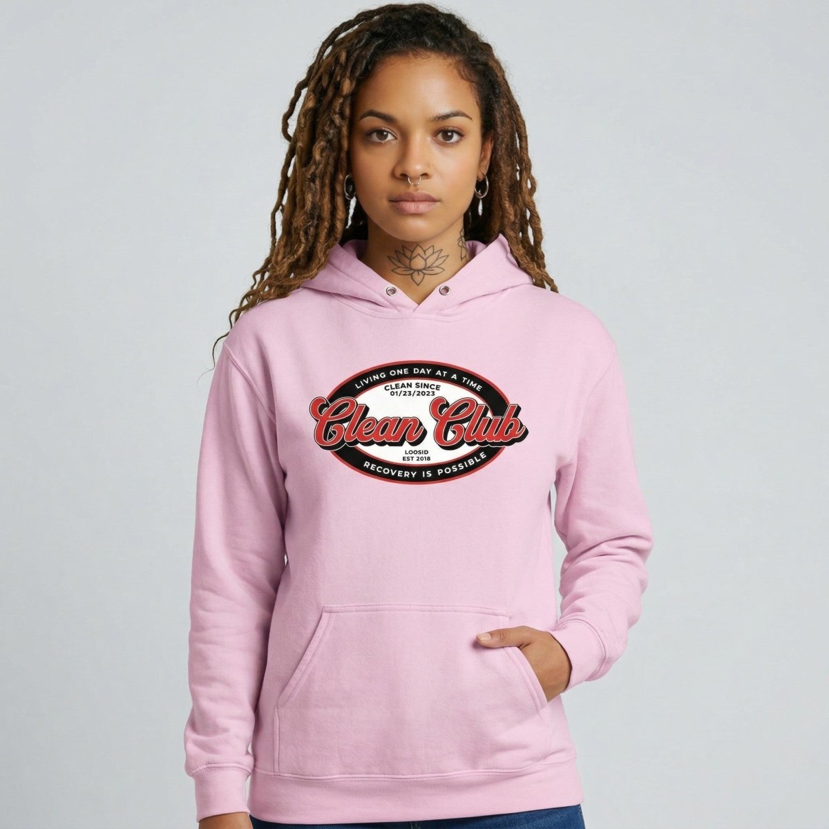 Clean Club Badge Unisex Hoodie with Custom Sobriety Date