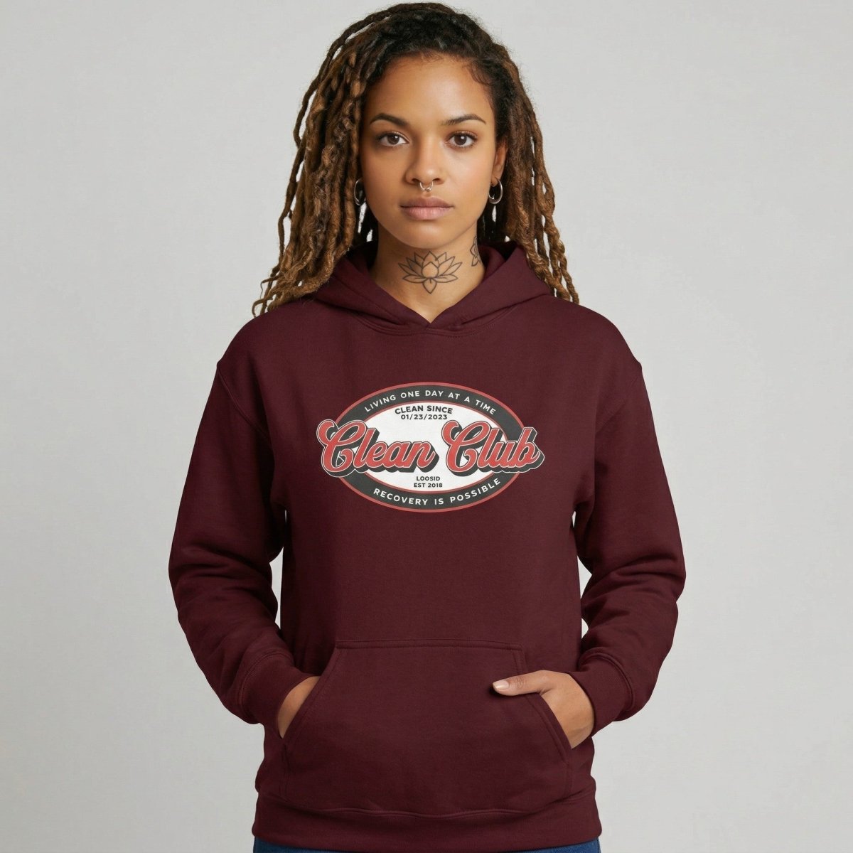 Clean Club Badge Unisex Hoodie with Custom Sobriety Date