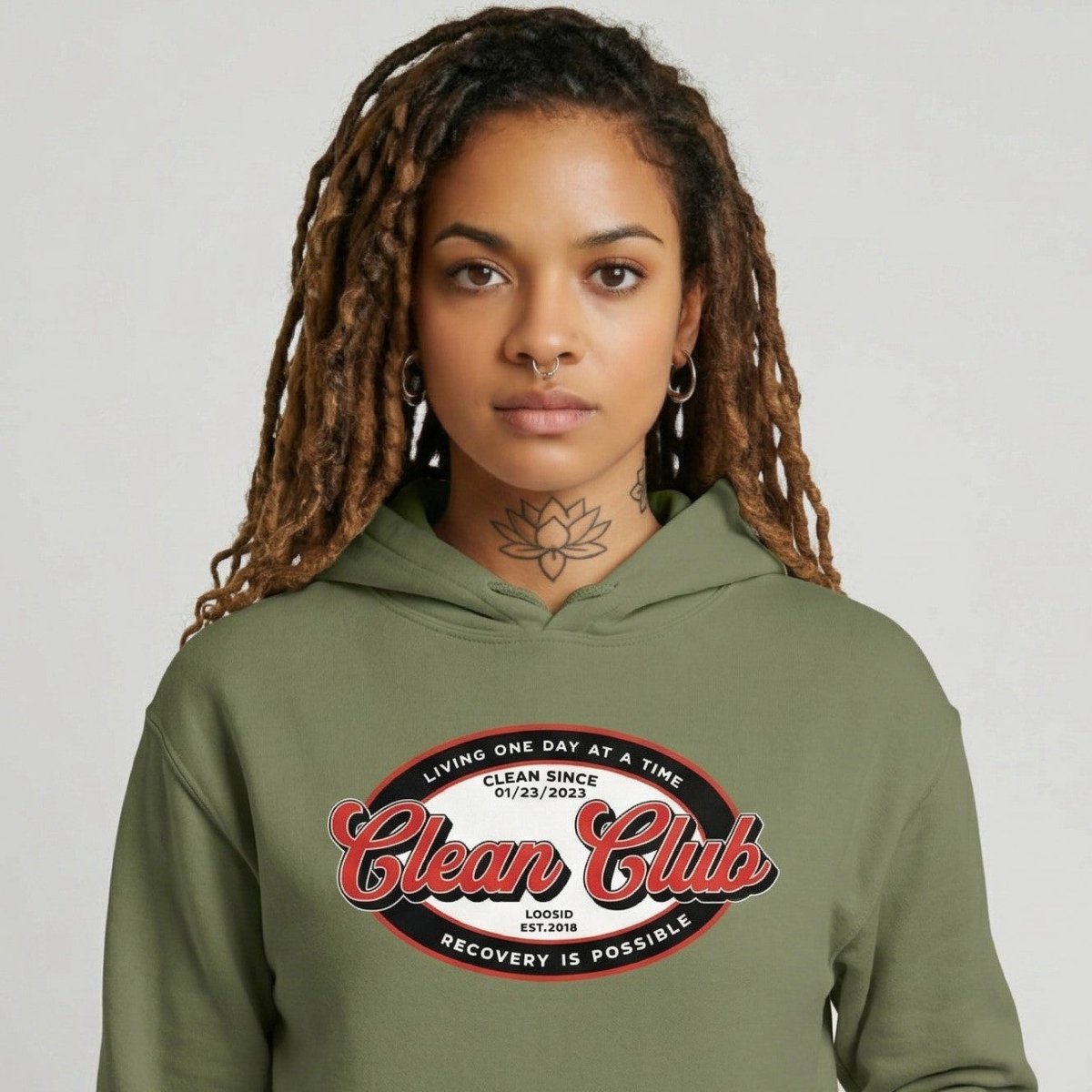 Clean Club Badge Unisex Hoodie with Custom Sobriety Date