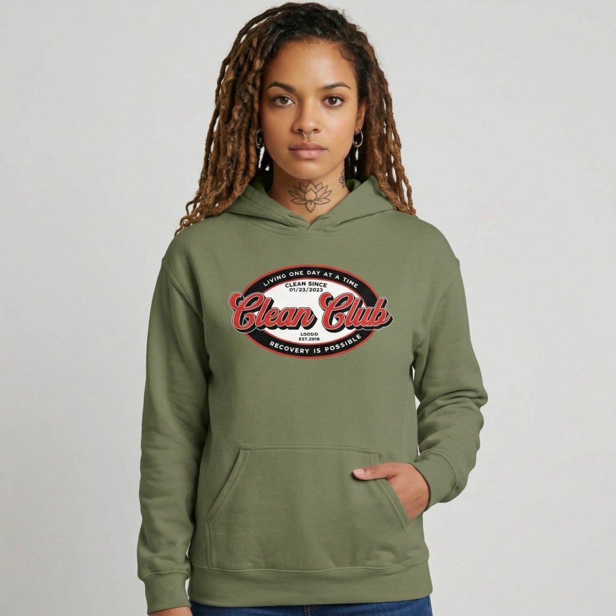 Clean Club Badge Unisex Hoodie with Custom Sobriety Date