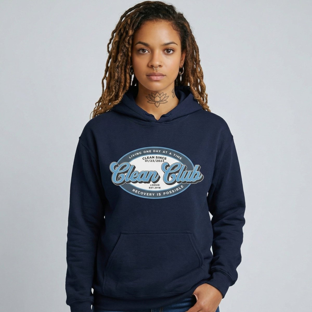 Clean Club Badge Unisex Hoodie with Custom Sobriety Date