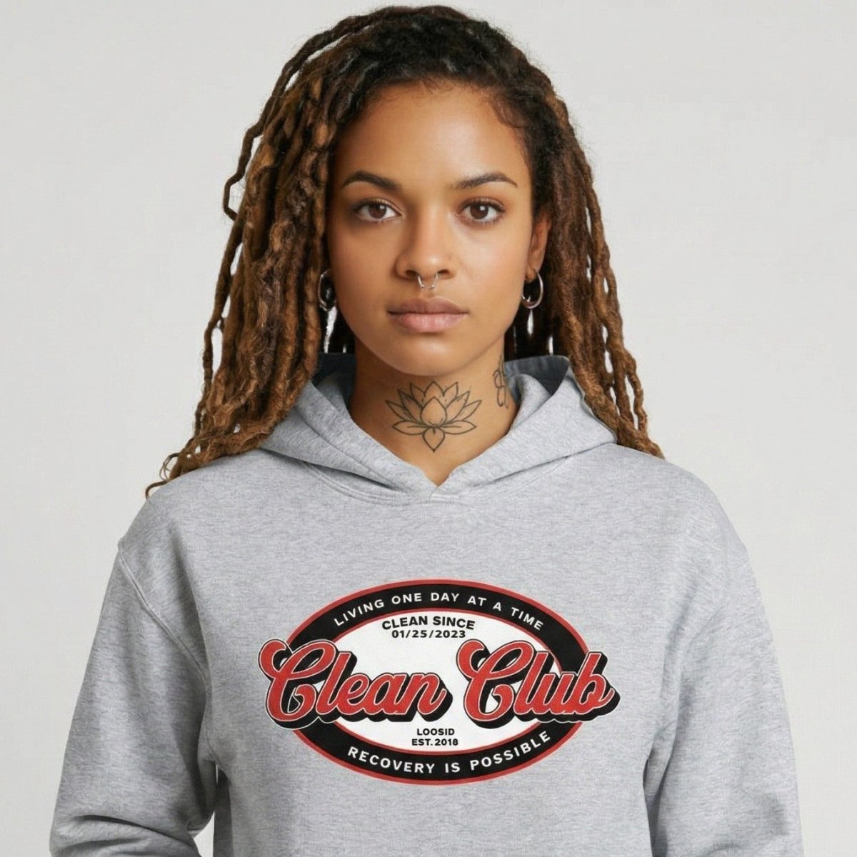 Clean Club Badge Unisex Hoodie with Custom Sobriety Date