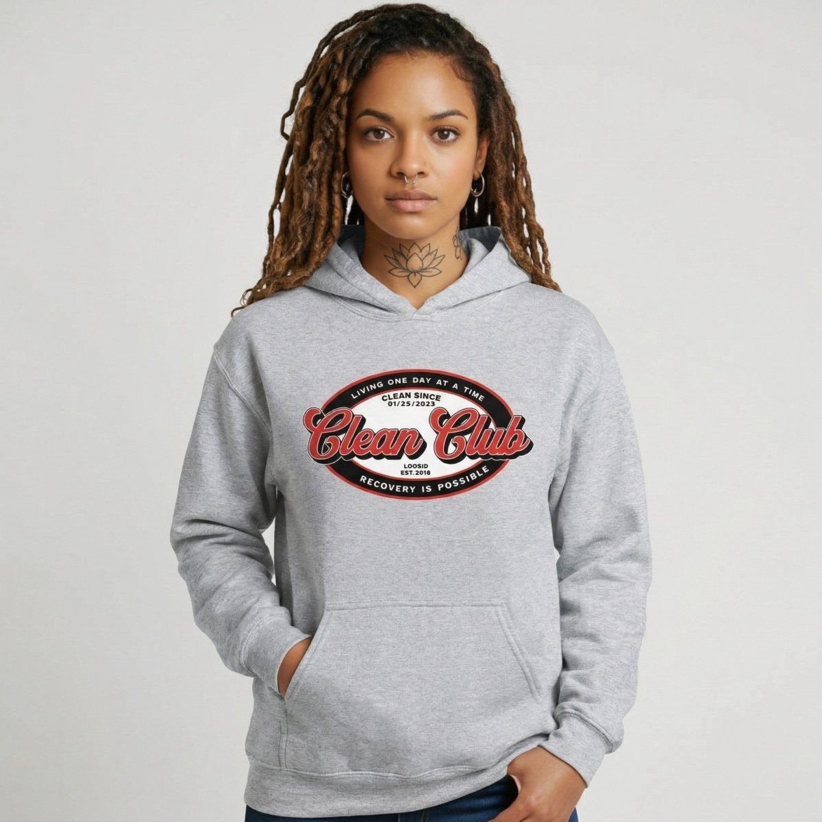 Clean Club Badge Unisex Hoodie with Custom Sobriety Date