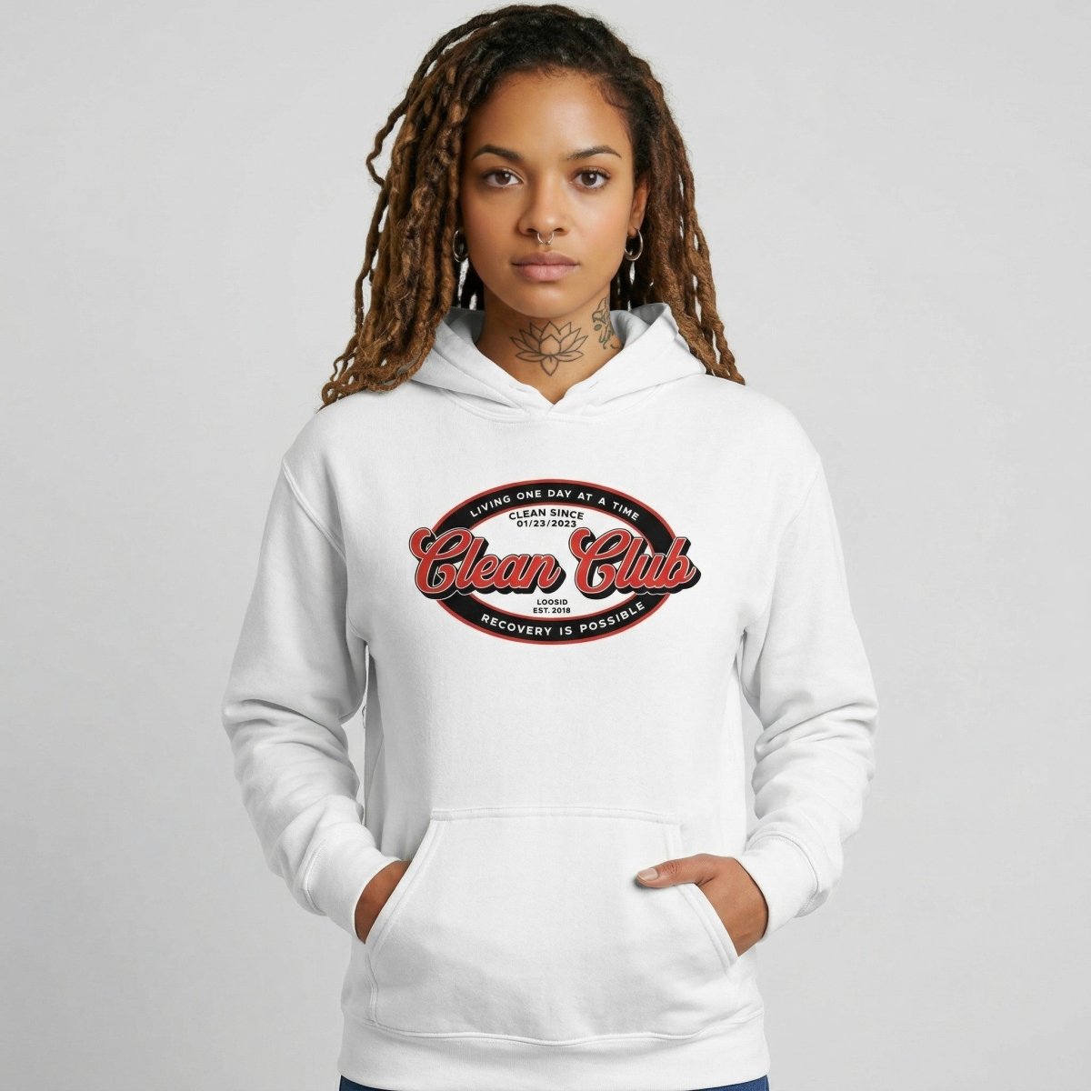 Clean Club Badge Unisex Hoodie with Custom Sobriety Date