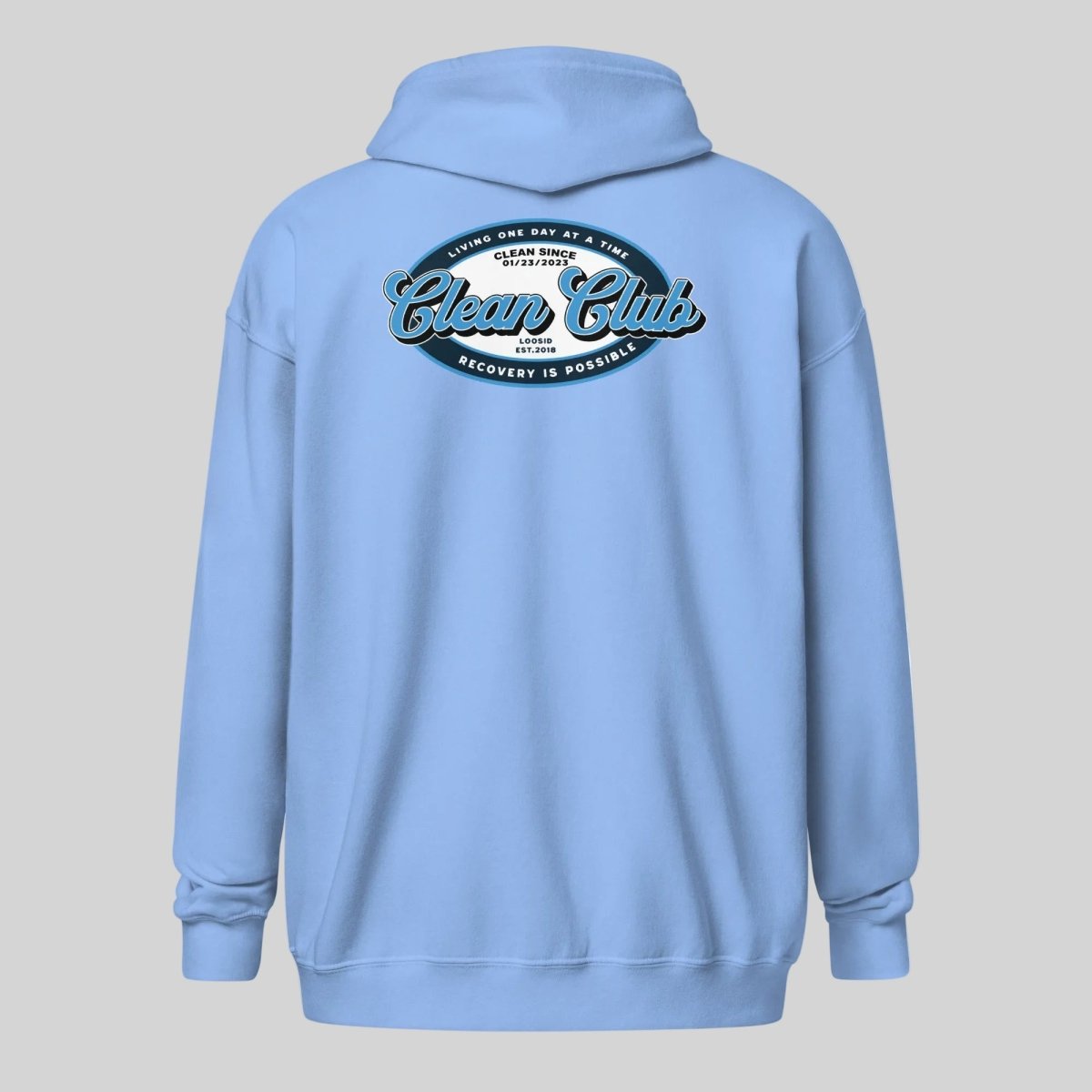 Clean Club Badge Left Chest Print Unisex Zip Recovery Hoodie fit detail (view 29)