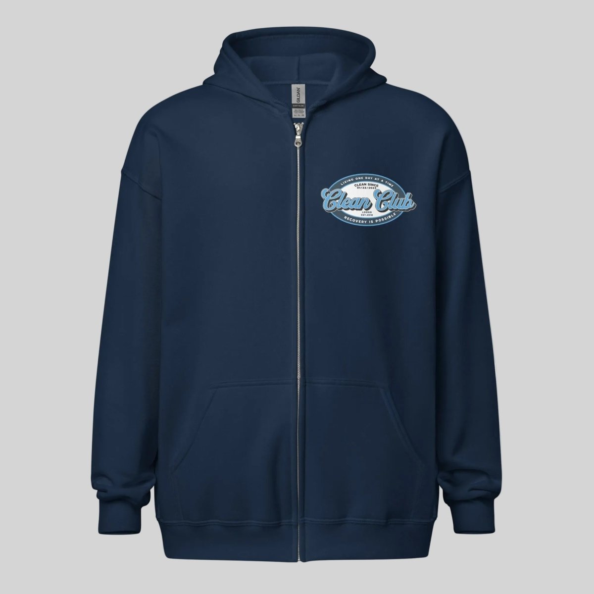 Clean Club Badge Left Chest Print Unisex Zip Recovery Hoodie fit detail (view 19)