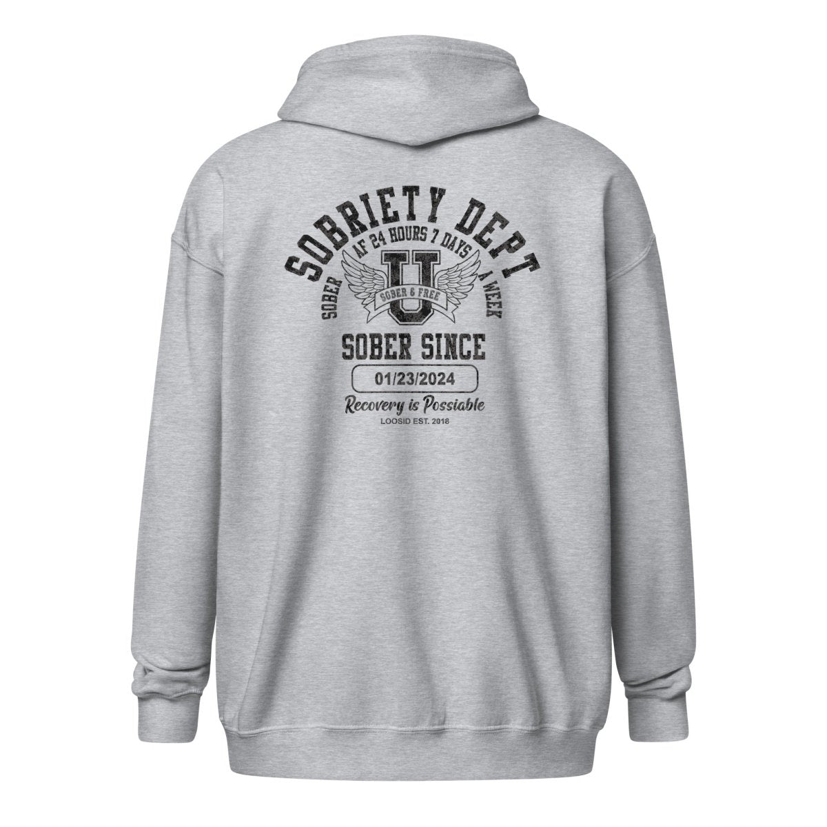 Sobriety Dept Zip Recovery Hoodie flat lay styled image (view 33)