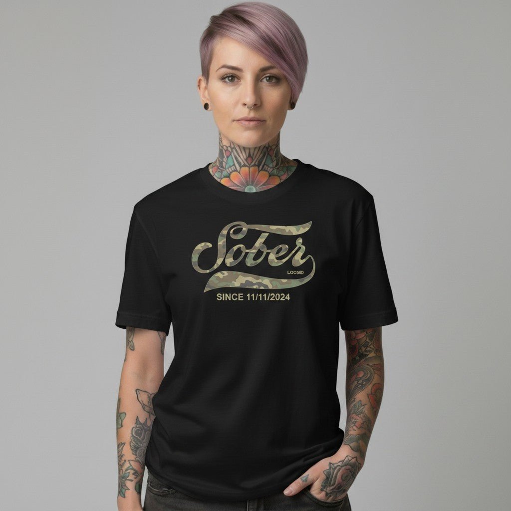 Sober Since Camo Sober T Shirt back view (view 7)