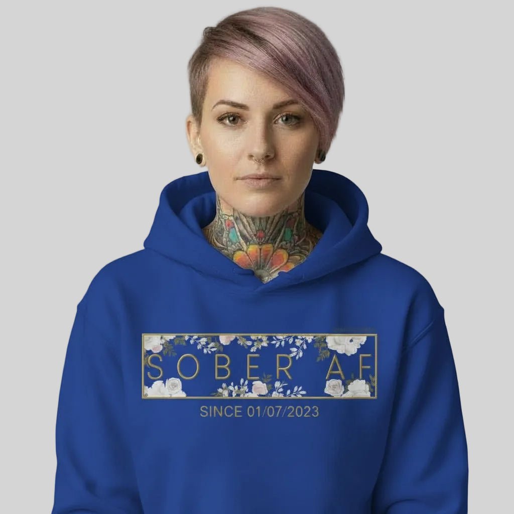Recovery Hoodie | Women's Sober AF Flower Hoodie with Custom Date