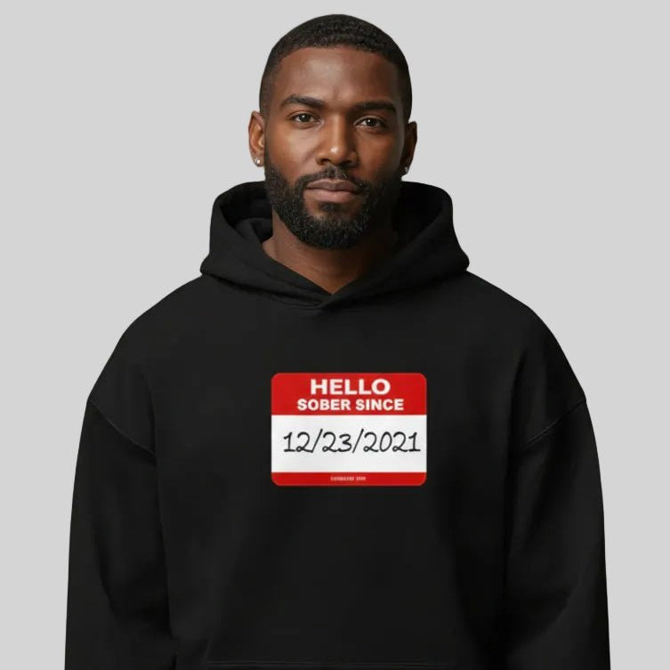 Hello Sober Since Recovery Hoodie lifestyle view (view 5)