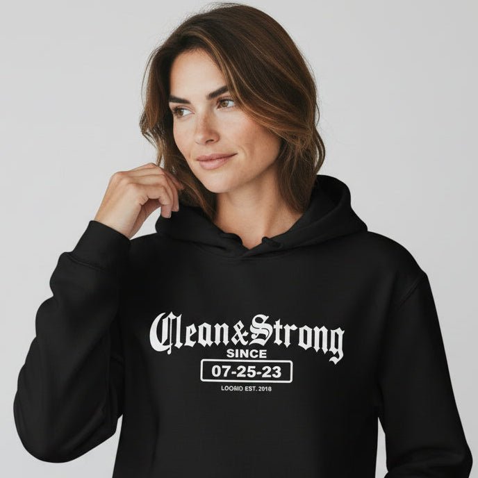 Recovery Hoodie | Women’s Old School Clean & Strong Hoodie with Custom Date