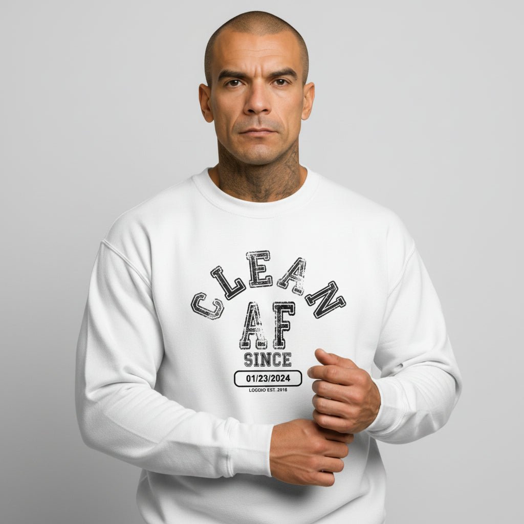 Flat lay of Loosid white Clean AF Since personalized Recovery crewneck showing custom sobriety date location β Loosid