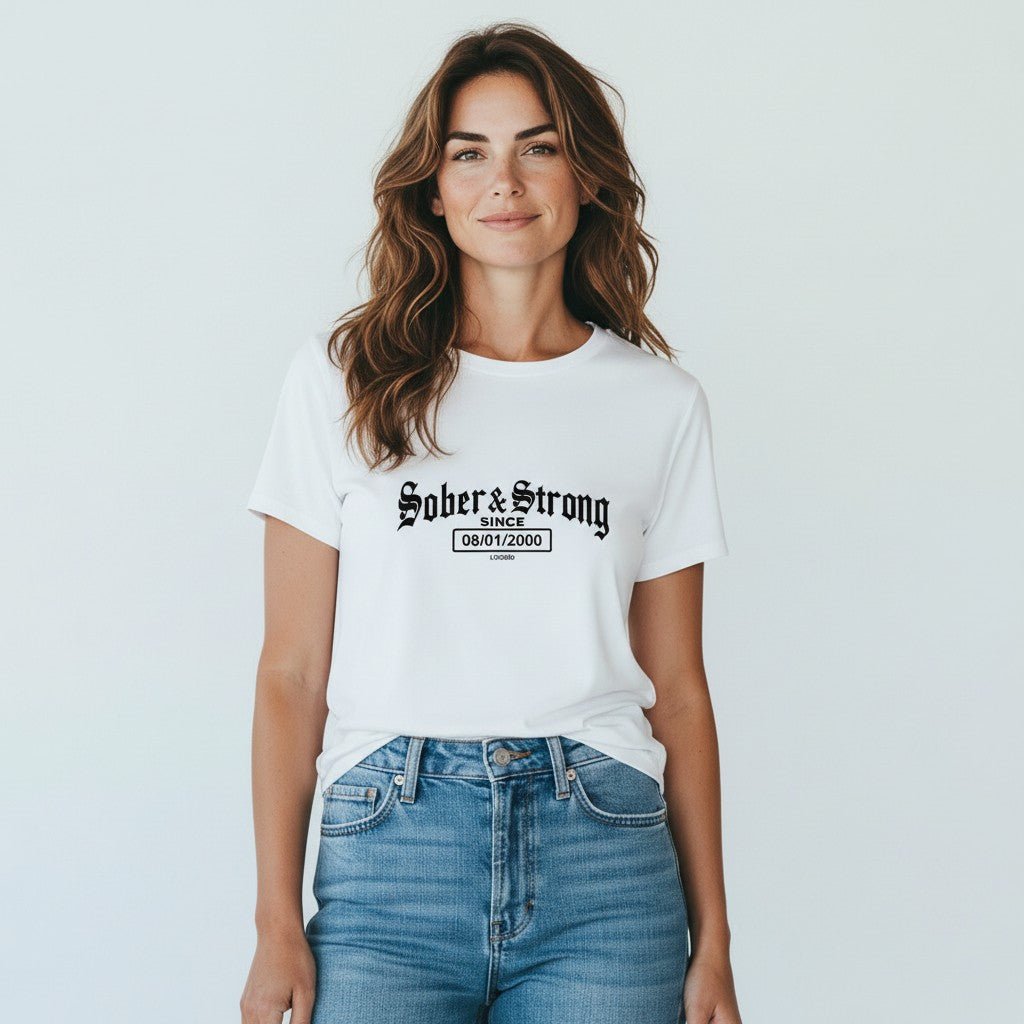 Sober T Shirt | Women’s Old School Sober & Strong Tee with Personalized Sobriety Date