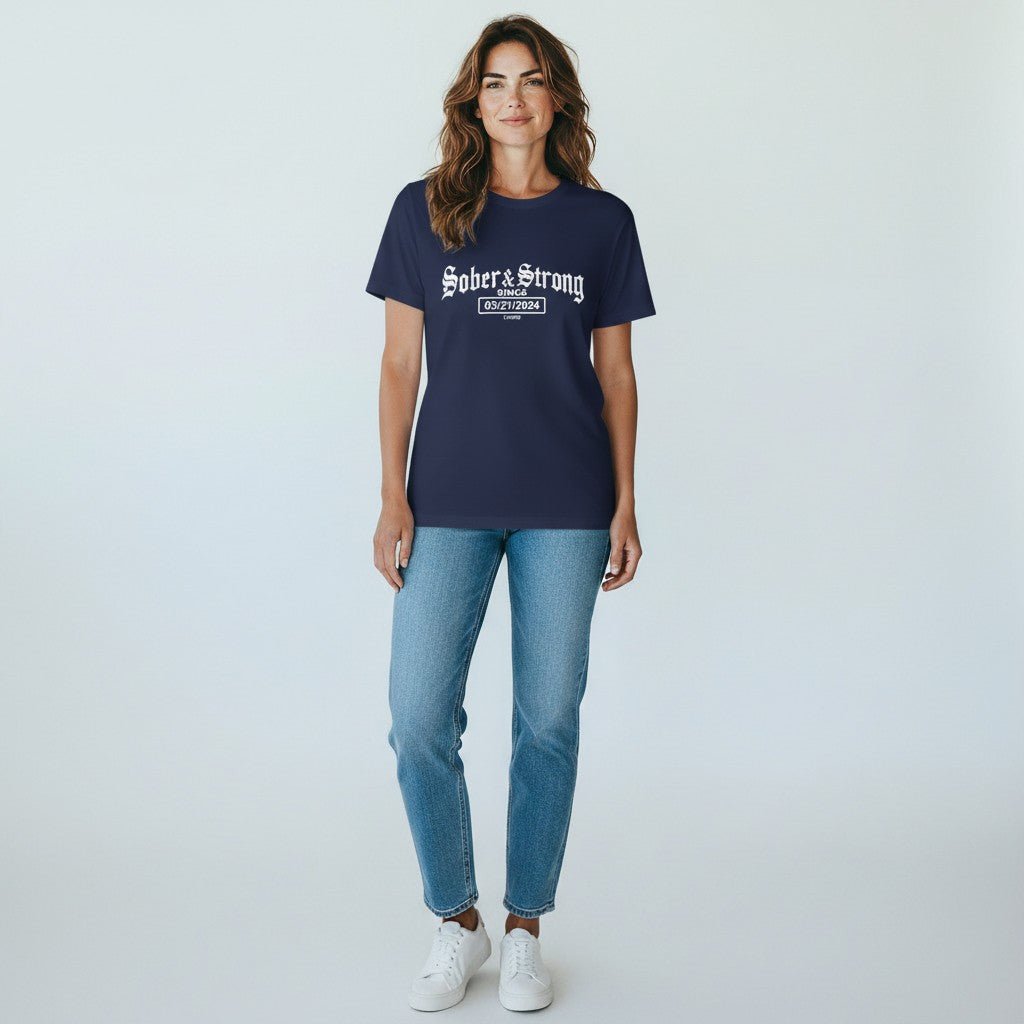 Sober T Shirt | Women’s Old School Sober & Strong Tee with Personalized Sobriety Date