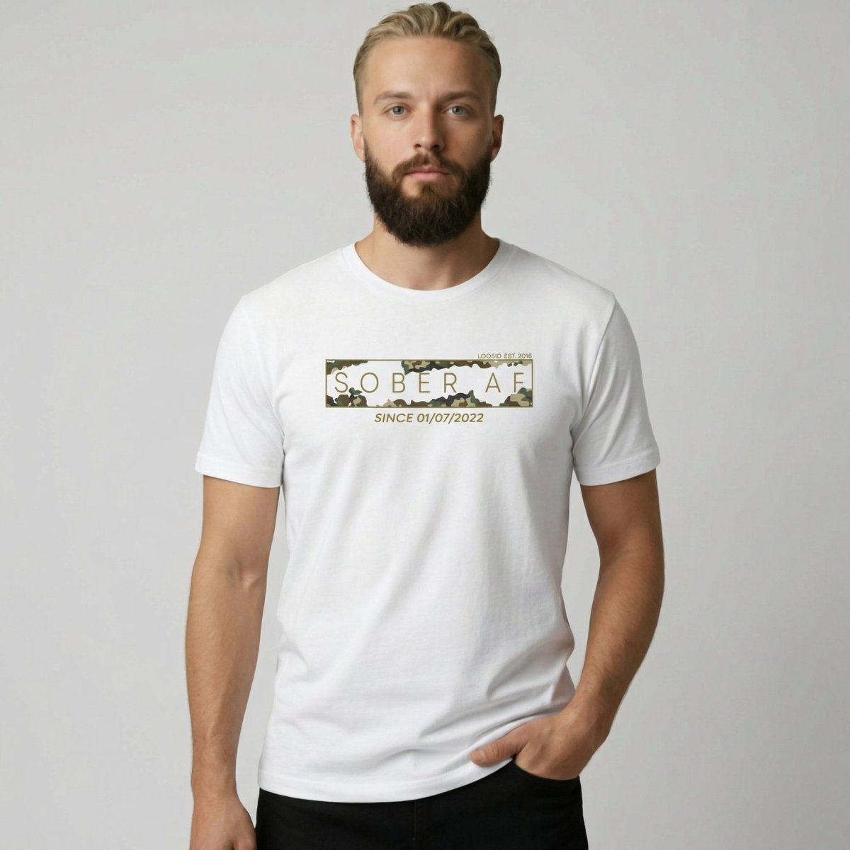 Sober AF Camo Sober T Shirt flat lay styled image (view 13)
