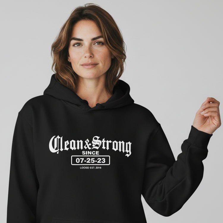 Recovery Hoodie | Women’s Old School Clean & Strong Hoodie with Custom Date