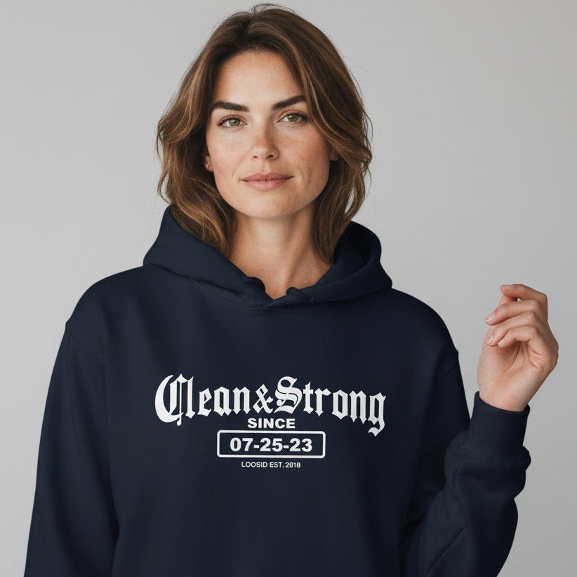 Recovery Hoodie | Women’s Old School Clean & Strong Hoodie with Custom Date