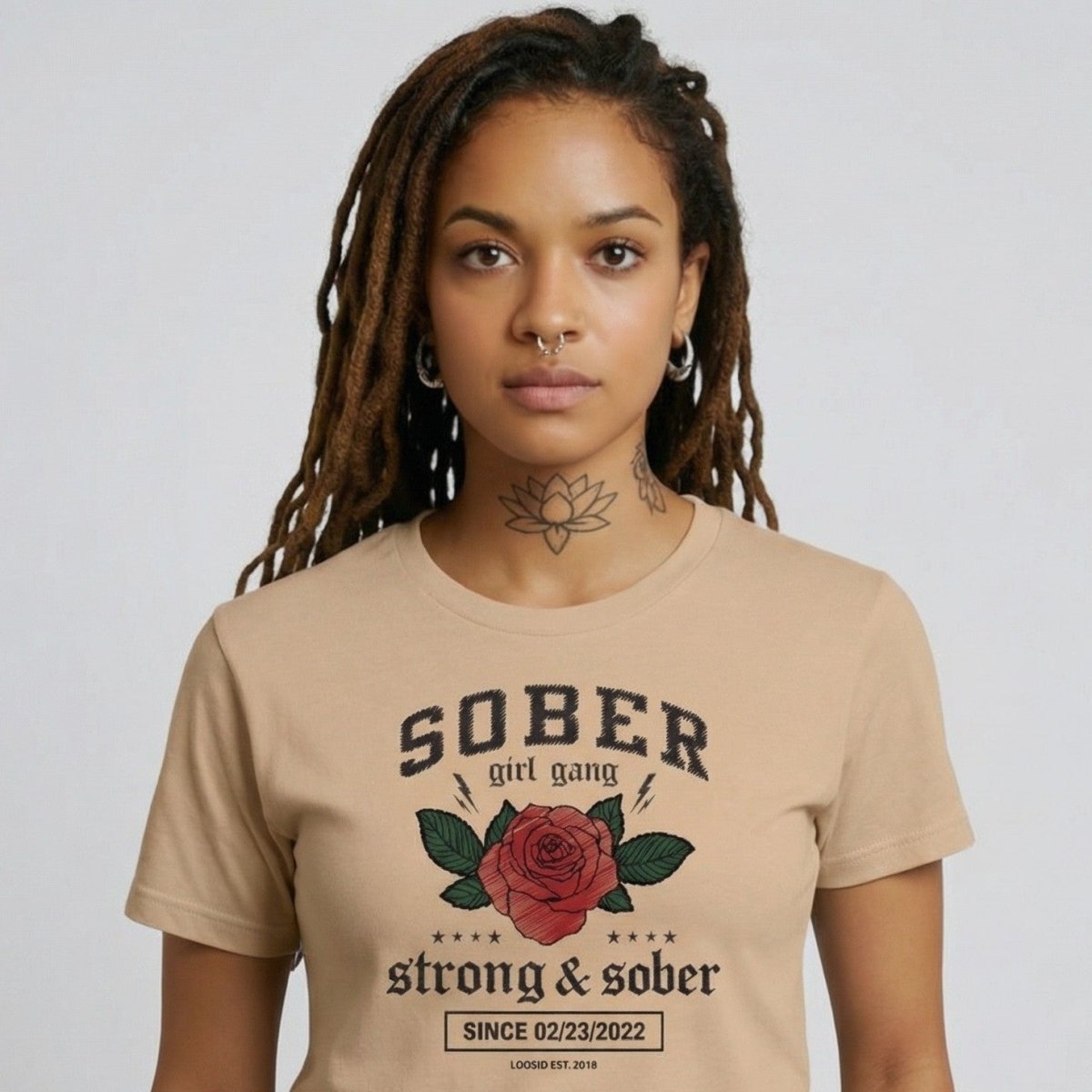 SOBER Girl Gang Strong & Sober Sober T Shirt flat lay styled image (view 13)