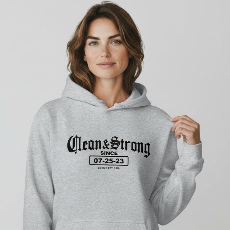Recovery Hoodie | Women’s Old School Clean & Strong Hoodie with Custom Date