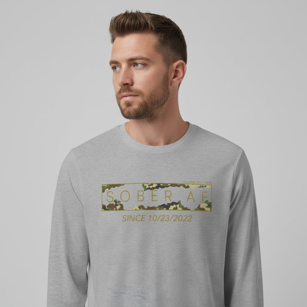 Men's Sober AF Camo Long Sleeve T-shirt with Custom Sobriety Date