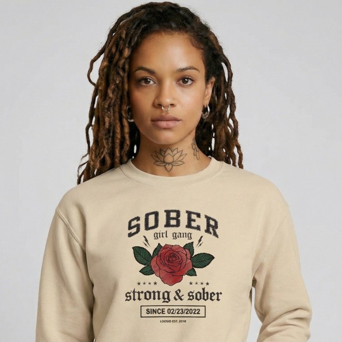 SOBER Girl Gang Strong & Sober Recovery Hoodie flat lay styled image (view 43)