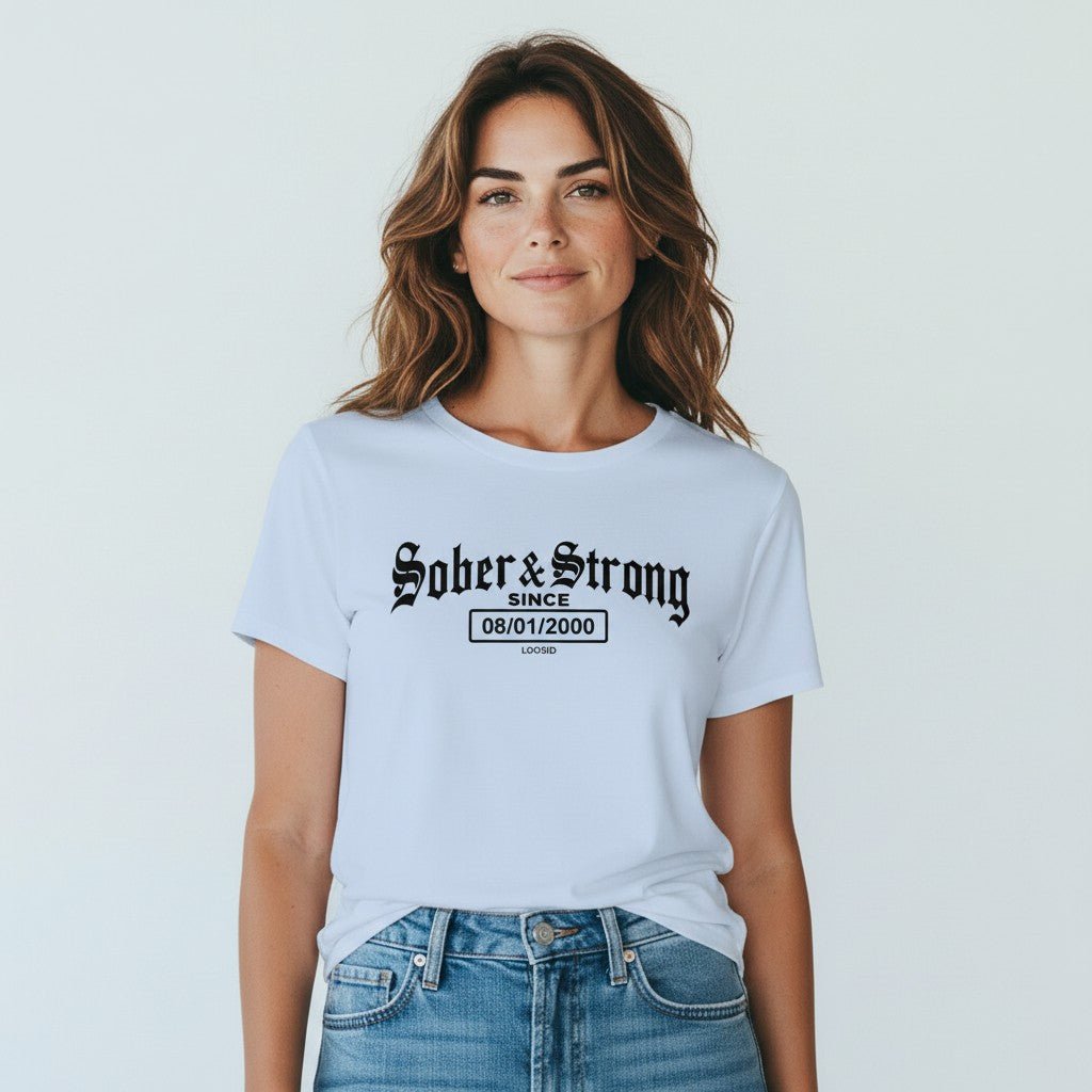 Sober T Shirt | Women’s Old School Sober & Strong Tee with Personalized Sobriety Date