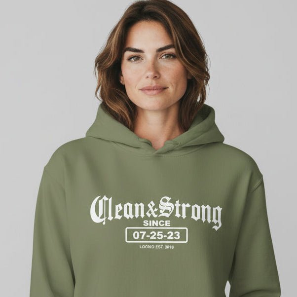 Recovery Hoodie | Women’s Old School Clean & Strong Hoodie with Custom Date