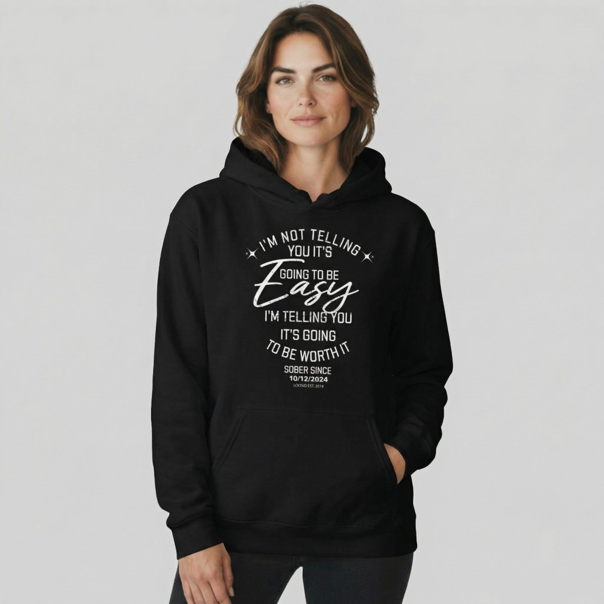 I'm Not Telling Custom Sobriety Date Recovery Hoodie lifestyle view (view 5)