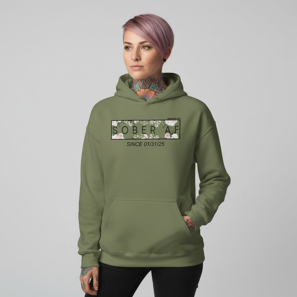 Recovery Hoodie | Women's Sober AF Flower Hoodie with Custom Date