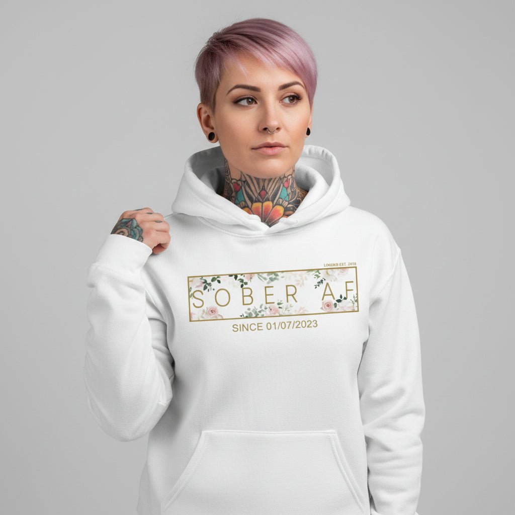 Recovery Hoodie | Women's Sober AF Flower Hoodie with Custom Date
