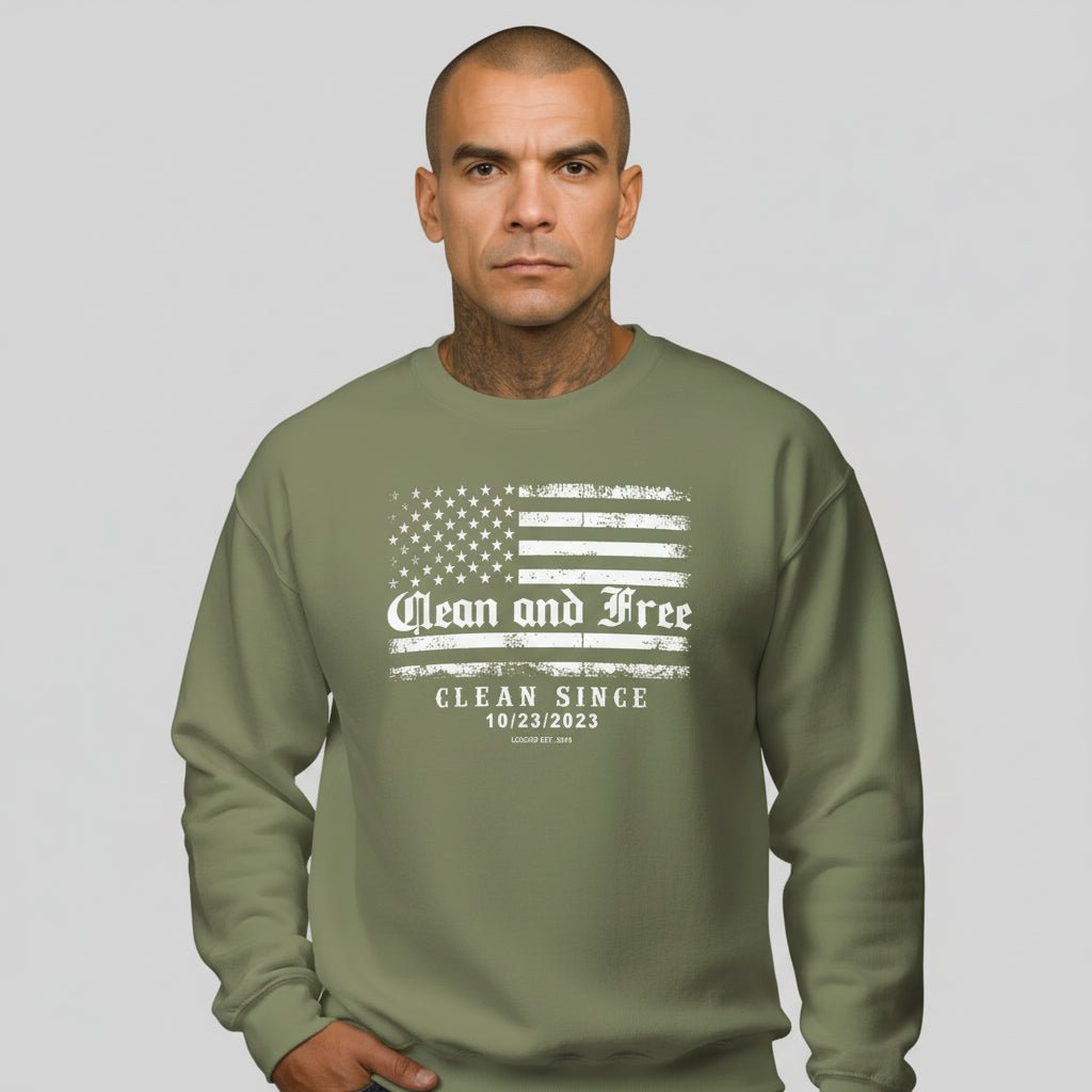 Military green sobriety sweatshirt angled view -- Loosid personalized sobriety gift