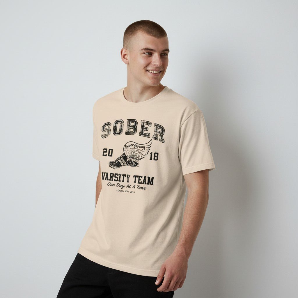 Lifestyle photo of the Sober Varsity Sober T Shirt, a sober-friendly gift (view 19)