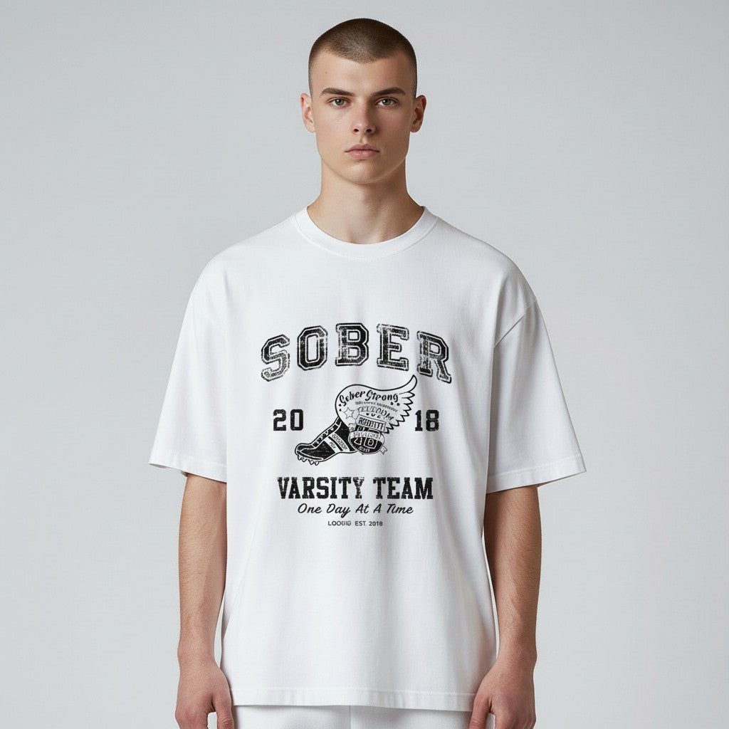Lifestyle photo of the Sober Varsity Sober T Shirt, a sober-friendly gift (view 28)