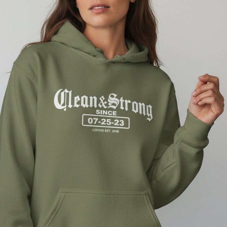 Recovery Hoodie | Women’s Old School Clean & Strong Hoodie with Custom Date