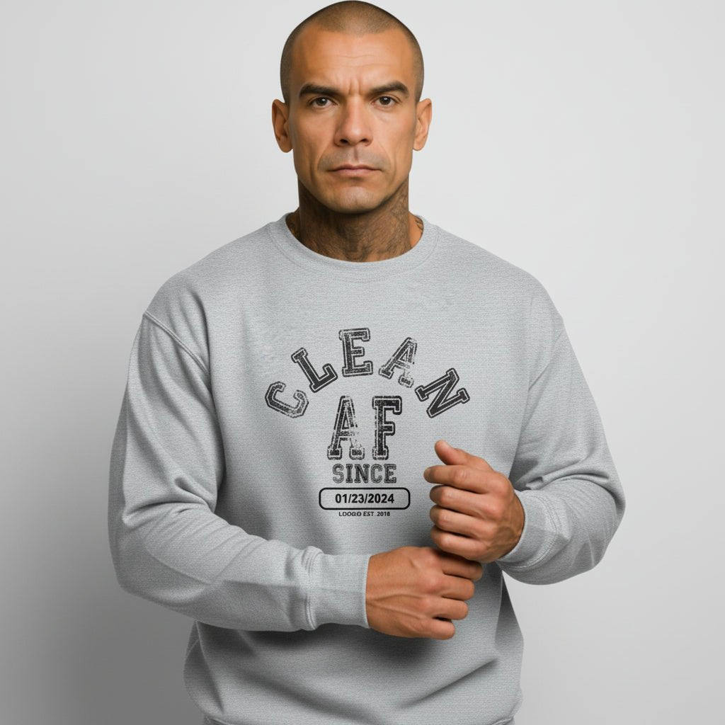Men's light blue Loosid sober clothing crewneck with Clean AF Since personalized Recovery date β Loosid