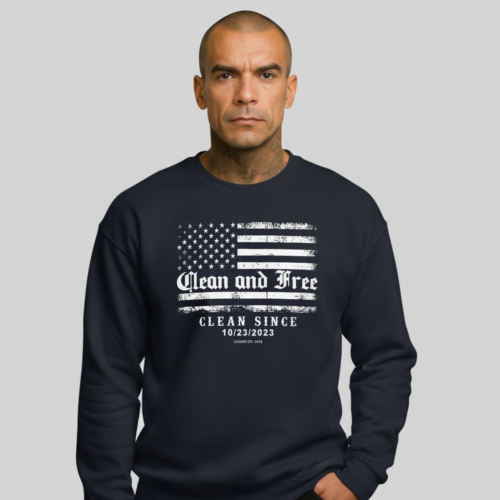 Navy blue sobriety sweatshirt with Clean Since date personalization -- Loosid